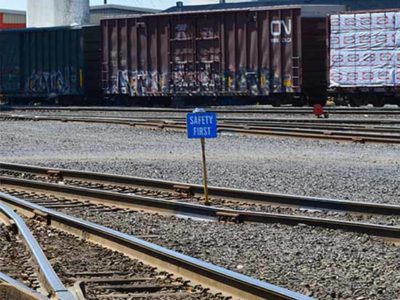 Blue solar safety light installed in a US railyard