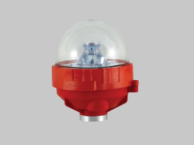 A single low intensity obstruction light with a clear lens and red base. This fixture uses a single red LED to produce the FAA required intensity for an L-810 obstruction light.